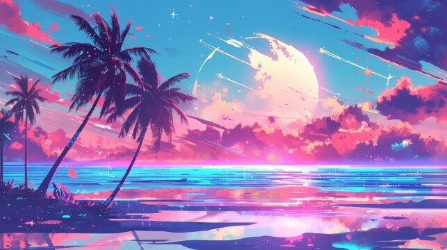 Anime retrowave beach background, wallpaper, art