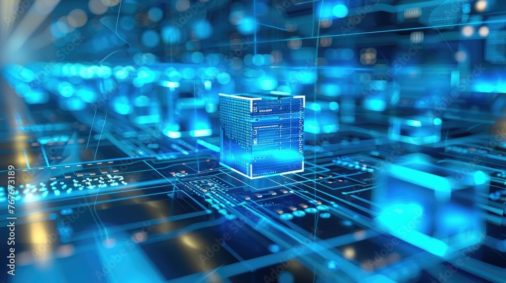 Aufkleber Business Process Modeling Notation diagram 3D objects, 3D render, high-tech data security, blue colors. Generative AI.