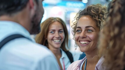 Happy, laughing staff or participants listening to a startup business owner at a trade show exhibition event. Generative AI.