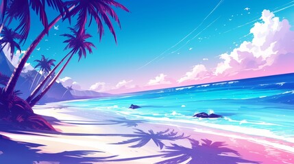 Fototapeta na wymiar Anime retrowave beach background, wallpaper, art