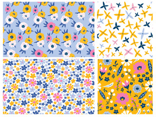 Bright Floral spring summer seamless pattern set in colors of pastel blue, pink and yellow. Abstract flower motifs background. Repeat print for fabric, fashion, wallpaper, stationery etc. 