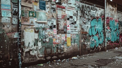 Dirty walls full of posters and graffiti, AI generated Image