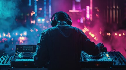 DJ plays music with a neon theme, AI generated Image