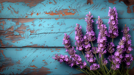lavender flowers on blue wooden background with copy space for your text