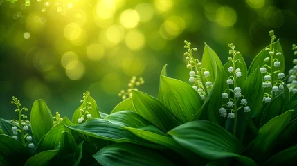 Foto auf Glas Beautiful lily of the valley on green bokeh background © Виктория Дутко