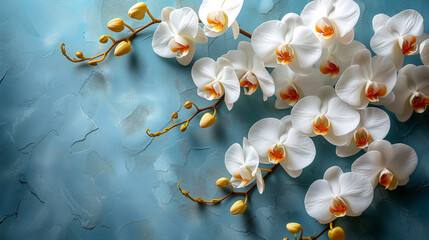 White orchids on a blue background. Flat lay, top view.