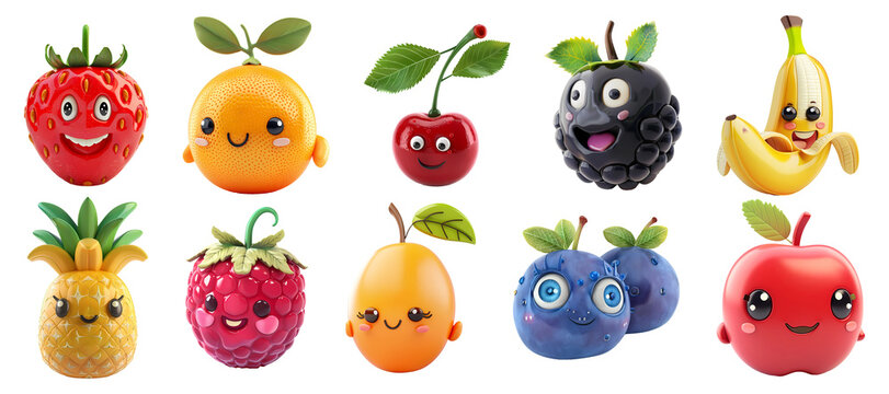 Set of funny cute fruits cartoon clipart 3d, png, generated ai