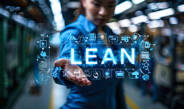 Business Innovator Harnessing LEAN Principles for Maximizing Value and Efficiency with a Futuristic Interactive Display