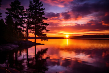 Fototapeta na wymiar Stunning Sunset Over Peaceful Lake: A Mesmerizing Display of Natural Beauty in Compact 6x8 cm Dimensions