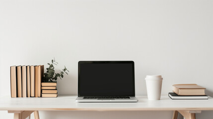 neat workspace with a laptop at the center of a white wooden desk. To the right, there’s a coffee cup, and on the left, a stack of books is neatly arranged. The desk is set against a plain white wall