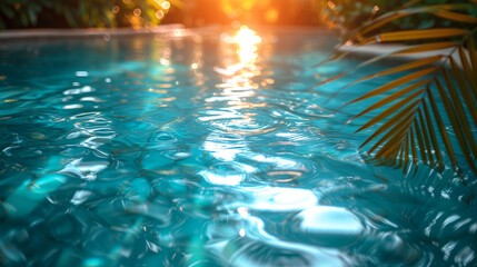 Reflection of palm leaf in swimming pool with sun light effect.