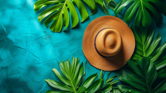 Summer background with hat and tropical leaves. Flat lay, top view
