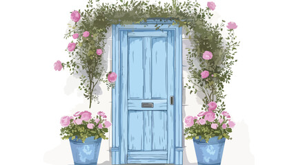 Rustic Blue Cottage Door with Pink Flowers flat vecto
