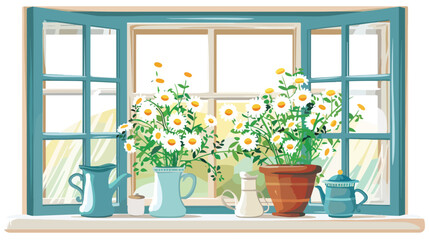 Rustic Cottage Kitchen Window with Daisies flat vecto