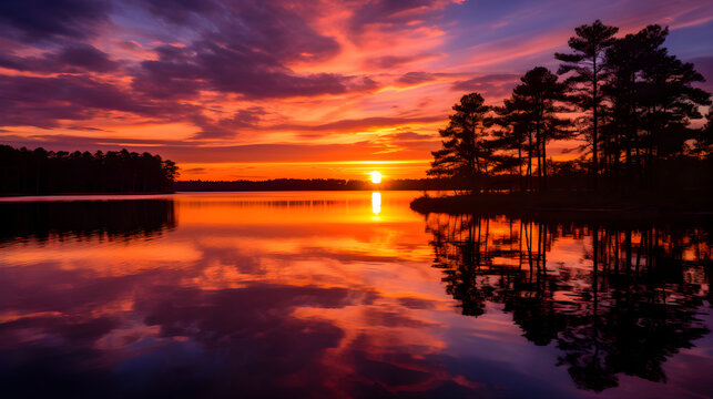 Stunning Sunset Over Peaceful Lake: A Mesmerizing Display of Natural Beauty in Compact 6x8 cm Dimensions