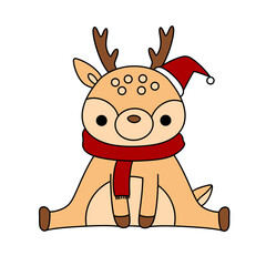 A cute cartoon deer with a red scarf and a Santa hat. The deer is sitting down and looking at the camera