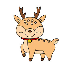 A cartoon deer with a red collar and bells on its neck. The deer is smiling and he is happy