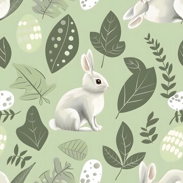 Cute pastel green Easter pattern with bunnies, eggs and leaves seamless background