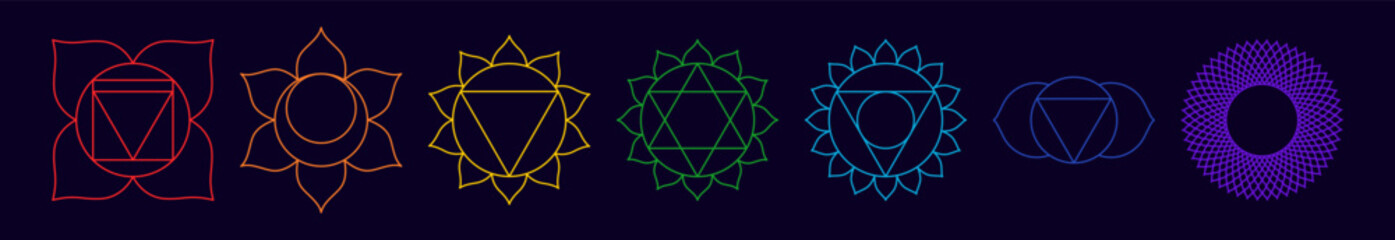 Chakra set, line art symbols. Meditation, spirituality, energy, healing vector illustration icon set on dark background - obrazy, fototapety, plakaty