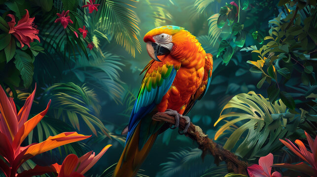 camelot macaw perched on a branch in a lush tropical forest, surrounded by colorful foliage and exotic flowers, showcasing the natural habitat 