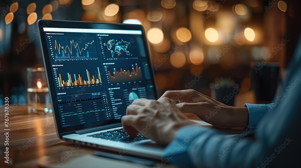 Poster close-up hand of businessman working on laptop showing ai business analysis dashboard with charts. g