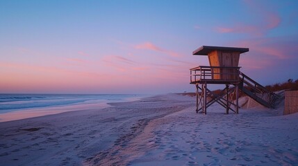 Capture the isolated beauty of a lifeguard stand against the backdrop of an early morning or late evening gradient sky, emphasizing the textures of the sand and the weathered wood of the stand.