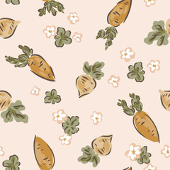 Blooming flowers with carrots and turnips capturing the spirit of Easter and of spring with brown,sage green,off white,beige,cream. Great for homedecor,fabric,wallpaper,giftwrap,stationery,packaging