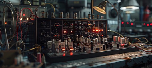 Vintage electronic equipment with glowing valves and dials. A detailed view of an old oscilloscope and various electronic components, cables, and connectors, retro technological backdrop.