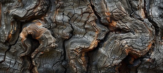 Texture concept. Close-up view of a tree trunk showcasing intricate patterns of rugged bark and...