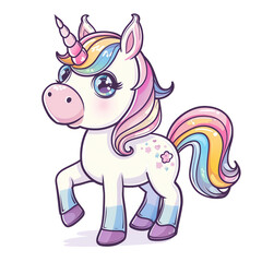 Naklejka premium Cute Funny Cartoon Unicorn, Illustration for Children Book, Generative AI