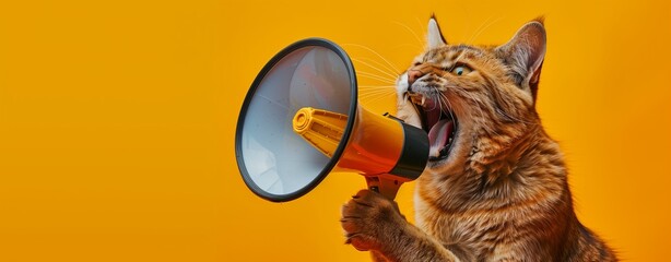Cat with a megaphone on a vivid orange background. Concept of a feline holding a loudspeaker, capturing the action of making an announcement with a humorous twist - obrazy, fototapety, plakaty