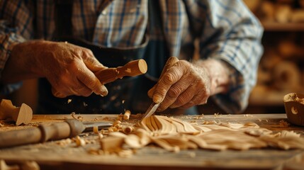 Close-up of a carpenter's hands using a chisel and mallet on wood, showcasing traditional woodworking. wood shavings and the intricate details of the carving process