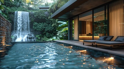 Modern Luxury Home with Waterfall and Pool in a Tropical Setting