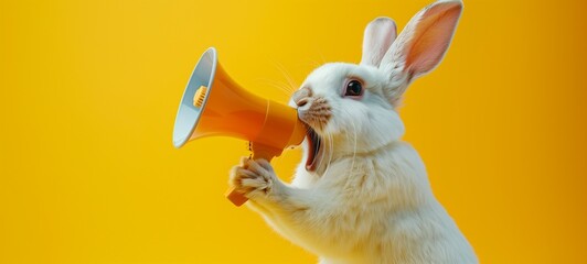 Bunny with a megaphone on a bright yellow background. Concept of a rabbit holding an orange loudspeaker, seemingly shouting a message, ideal for vibrant advertising or announcement themes. - obrazy, fototapety, plakaty