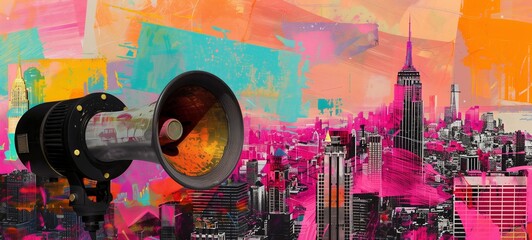 Abstract urban collage featuring a loudspeaker against a backdrop of a colorful city skyline. elements of street art and pop culture, modern decor