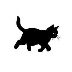 A black silhouette of a cute little kitten walking, simple SVG, white background