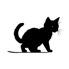 A black silhouette of a cute little kitten walking, simple SVG, white background