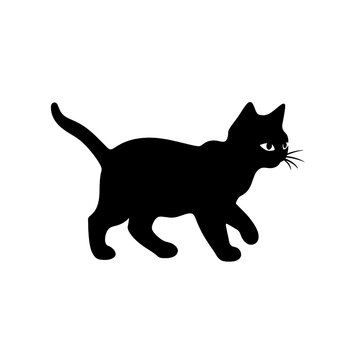 A black silhouette of a cute little kitten walking, simple SVG, white background