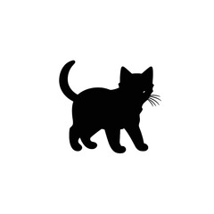 A black silhouette of a cute little kitten walking, simple SVG, white background