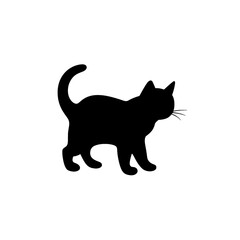 A black silhouette of a cute little kitten walking, simple SVG, white background