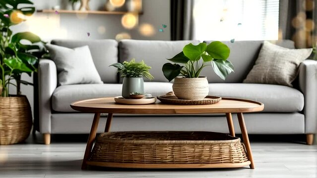 Interior of light living room with grey sofas, coffee table and large window