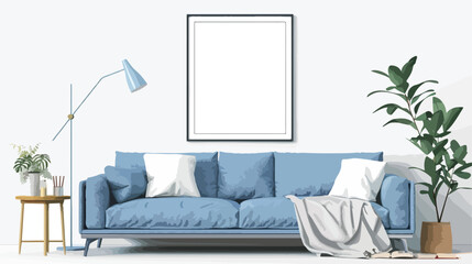 Minimalistic interior with sofa blue bedspread