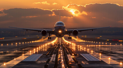 As the sun dips below the horizon, its golden light bathes the tarmac, highlighting the jetliner's landing gear hovering just above the ground. - obrazy, fototapety, plakaty