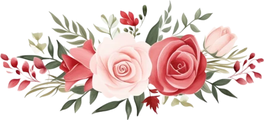Deurstickers watercolor illustration pink, red, white Rose flower and green leaves. Florist bouquet, International Women's Day, Mother's Day, wedding flowers. © Daisy