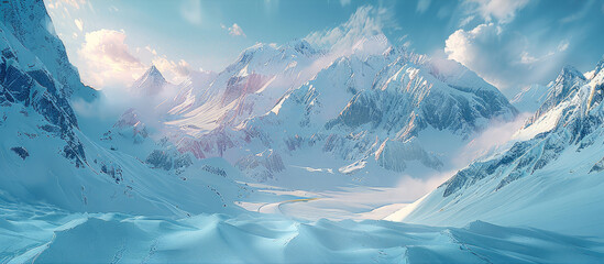 A panoramic view of the majestic snow covered mountains. Generative AI.