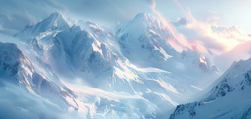 A panoramic view of the majestic snow covered mountains. Generative AI. - obrazy, fototapety, plakaty