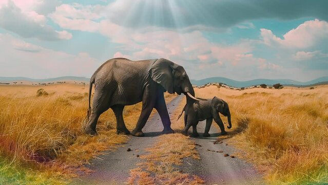 elephant mammal with baby crossing the road in african savannah park
