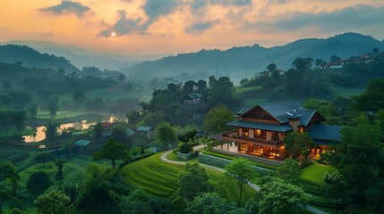 Luxury House at Sunrise in Lush Green Mountain Landscape