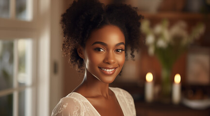 Une belle femme noire, heureuse et souriante, modèle de beauté. - obrazy, fototapety, plakaty