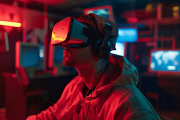 a man wearing a VR headset is experimenting in a tech studio surrounded with neon lights generative by ai